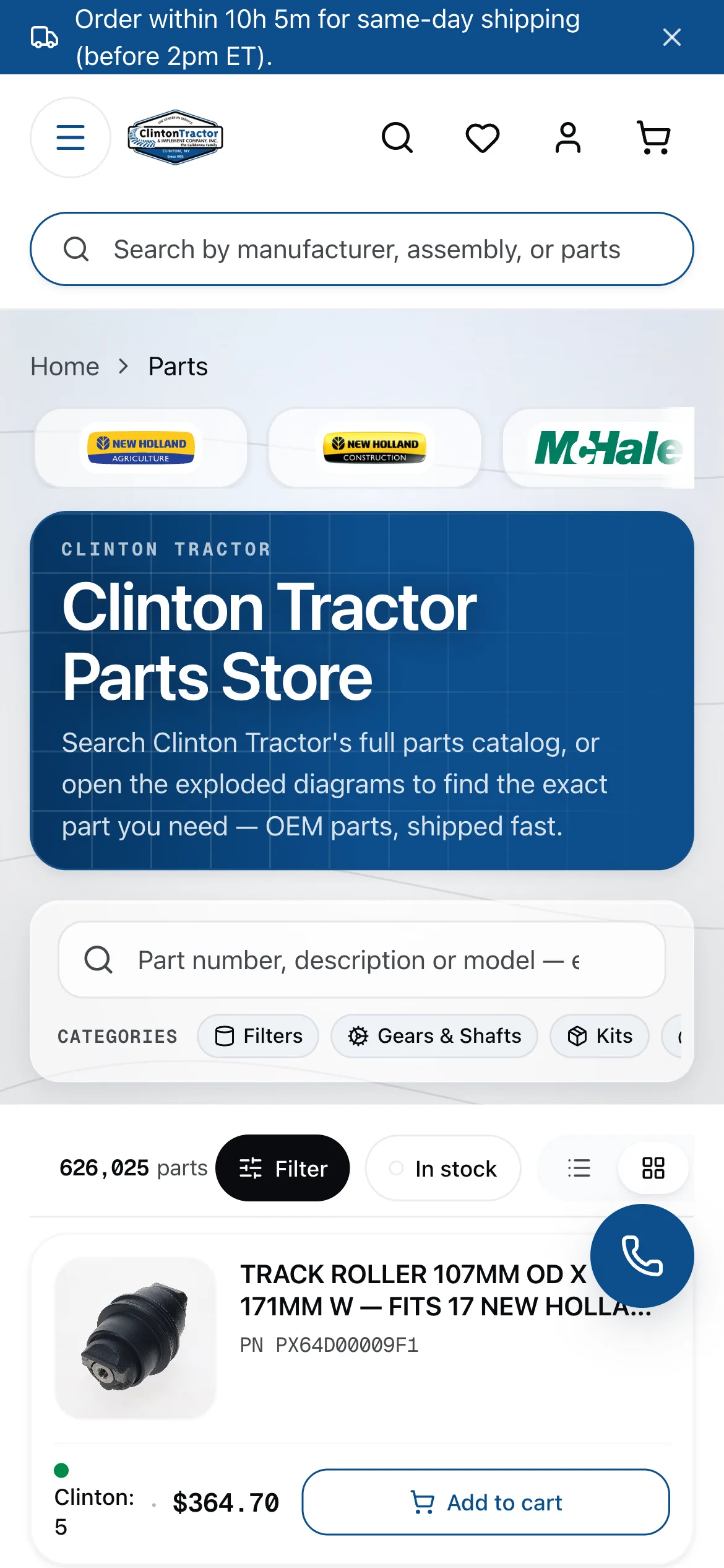 dev /parts on a phone, a product card fully visible