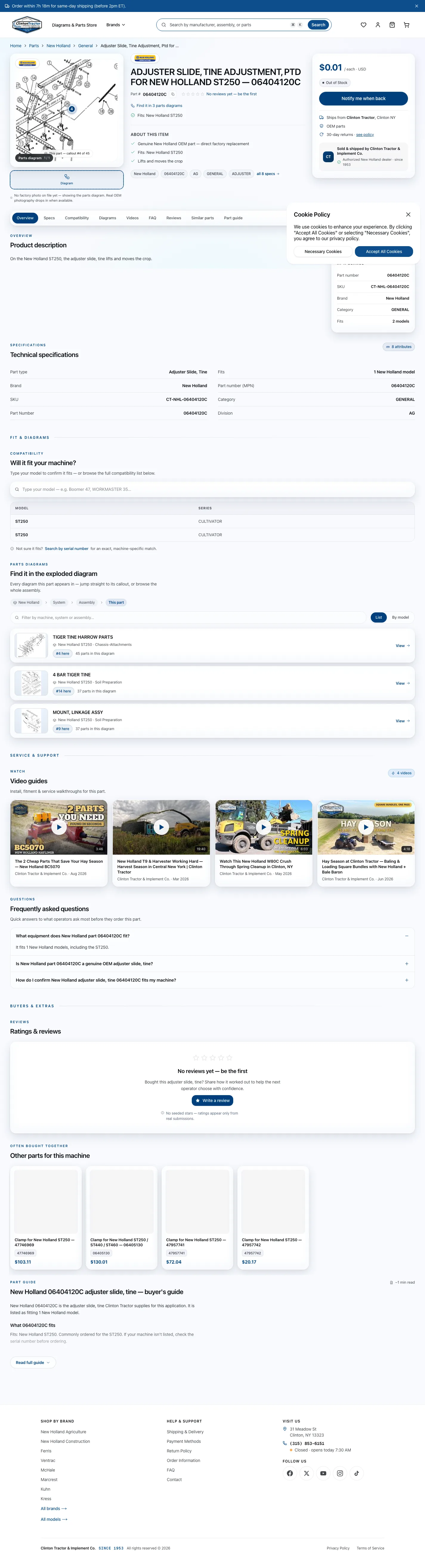 The quote-only New Holland part page on a desktop, showing a price of one cent