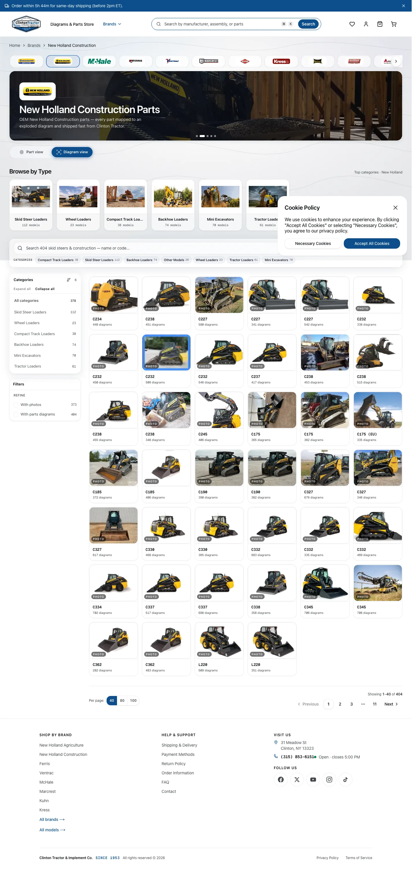 The New Holland Construction diagrams page on a desktop