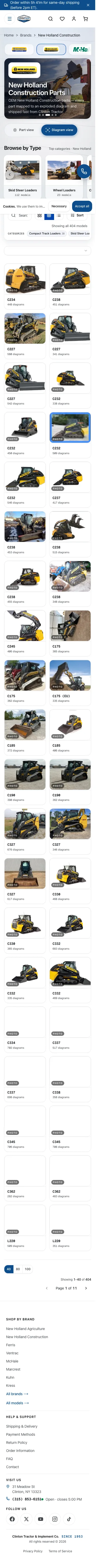 The New Holland Construction diagrams page on a desktop, on a phone
