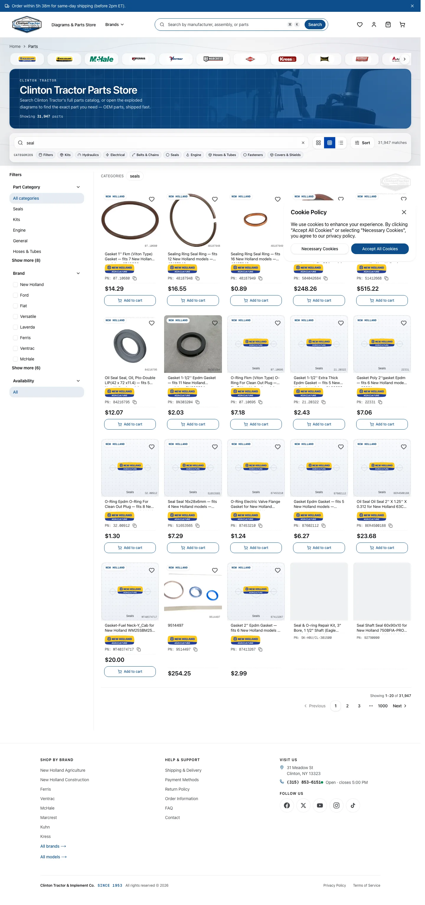 Search results for seal on a desktop, with the in-stock count in the filter list