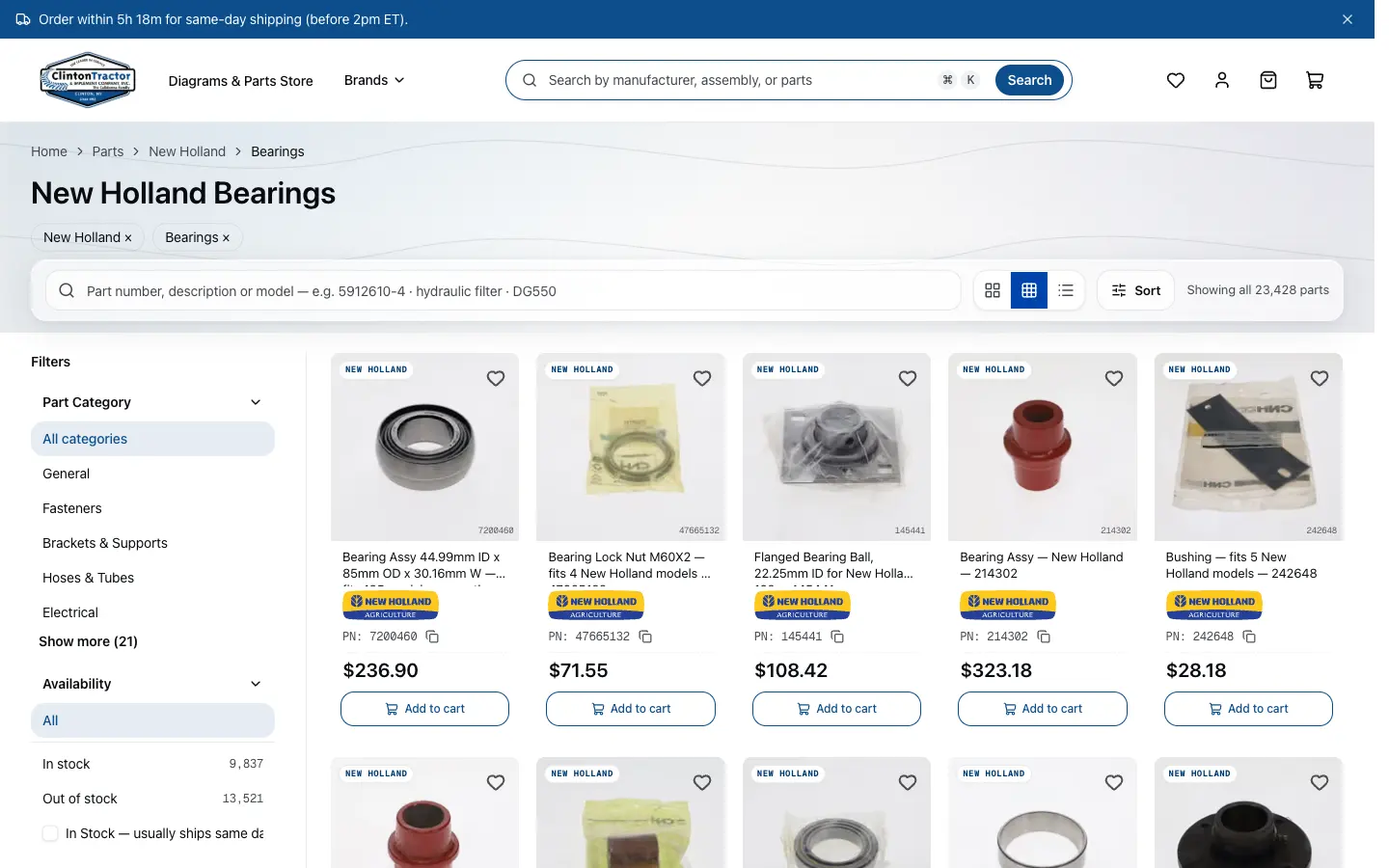 The same address on the candidate: New Holland Bearings, 23,428 parts